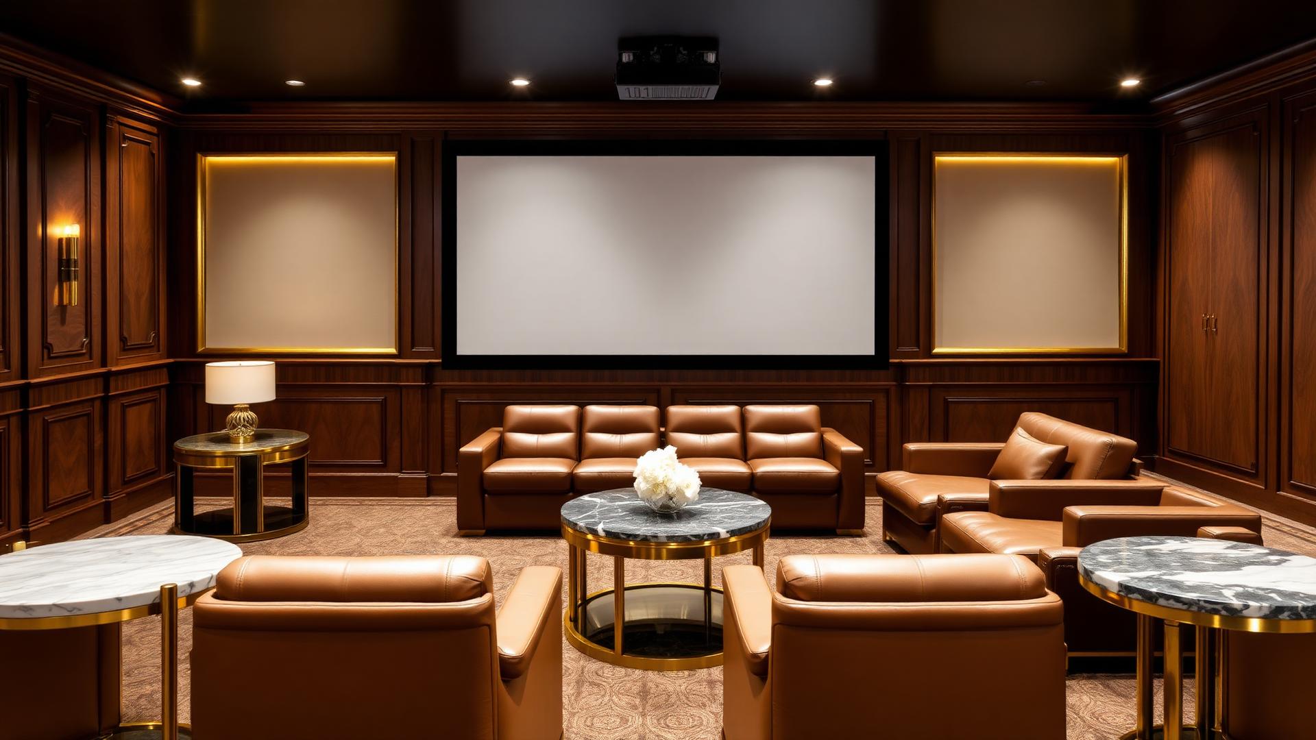 Opulent luxury home cinema lounge with leather seating and brass accents